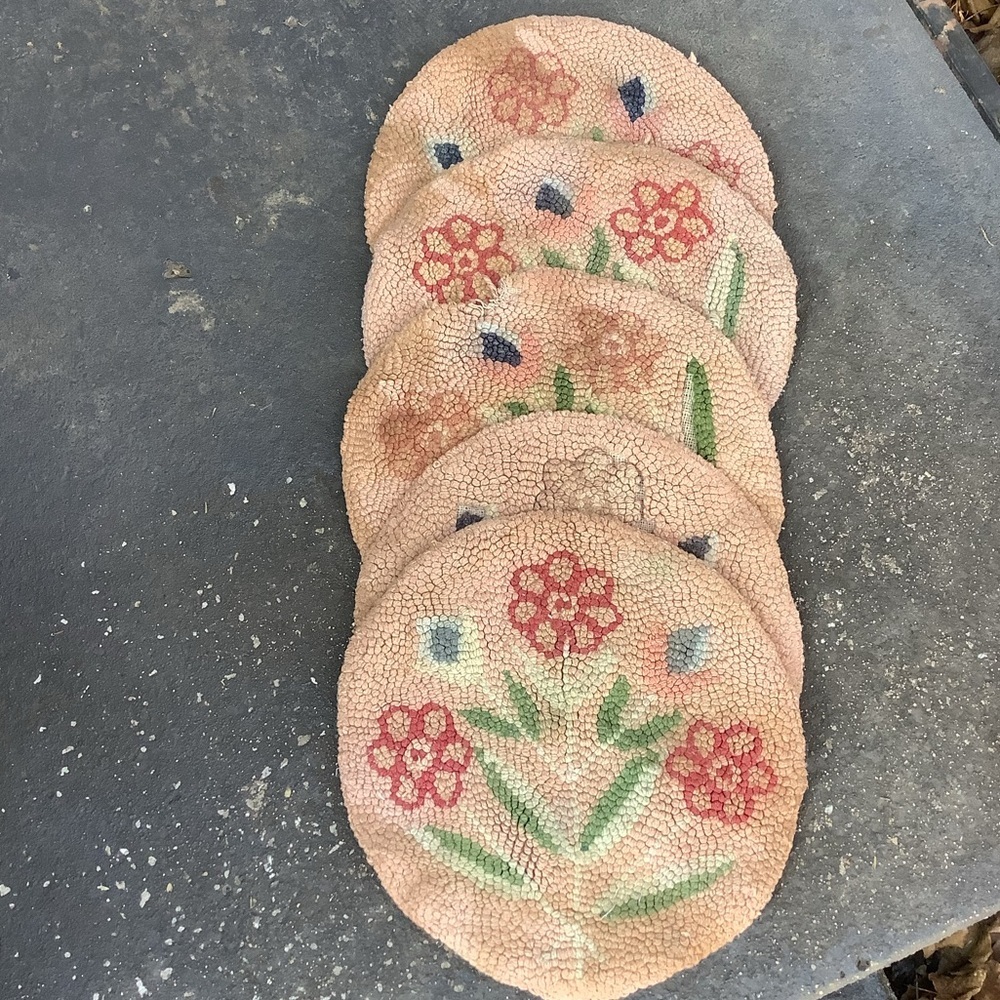 Set 5 Antique Hand Hooked Pink Floral Rug Chair Pads 15”